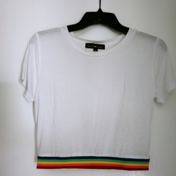 Derek Heart Juniors White color w/multicolor banded hem S/Sleeve T-shirt S 180 - Picture 1 of 6